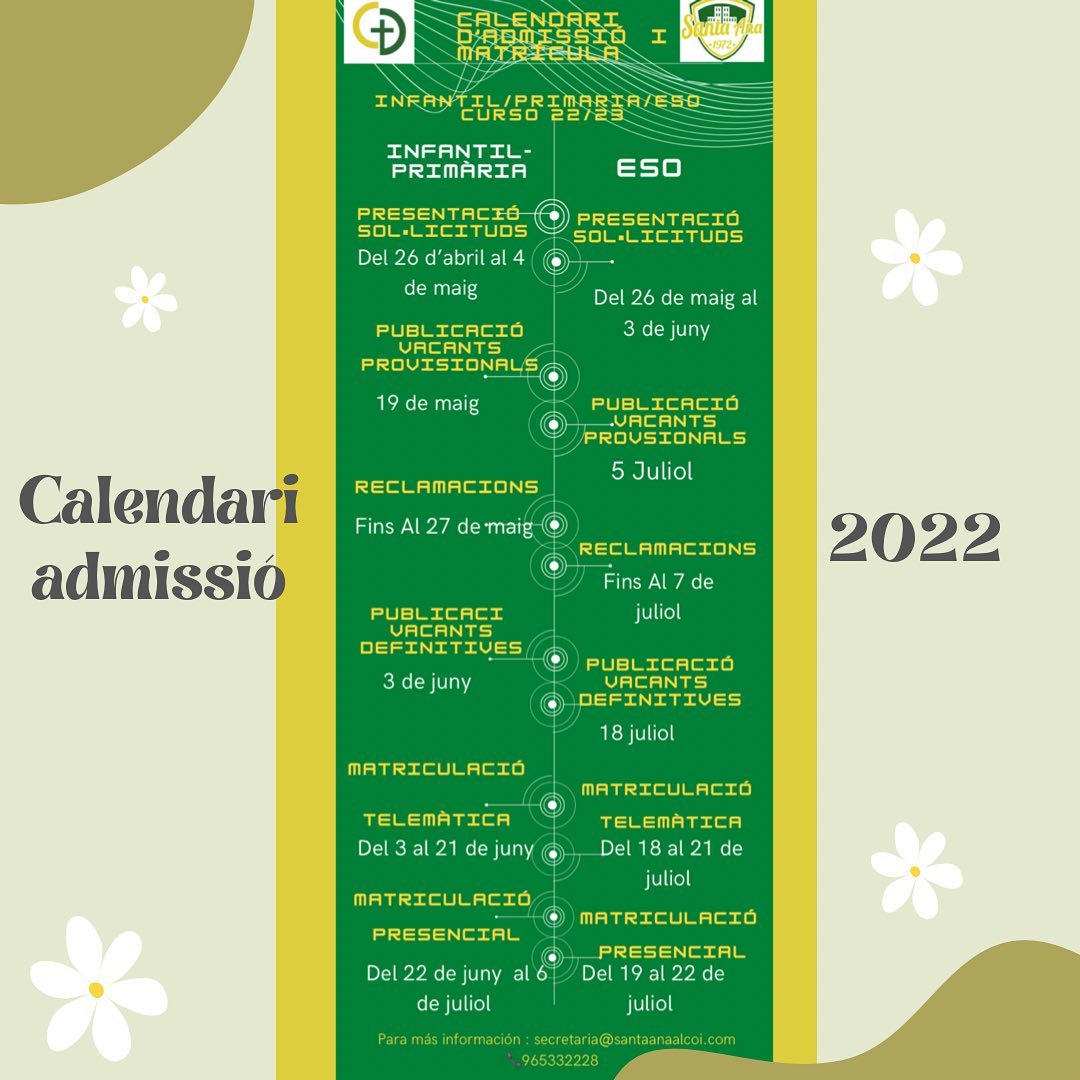Calendario Admisión Curso 22/23